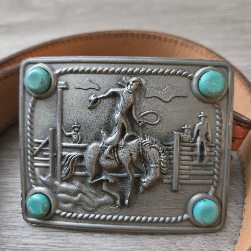 Sissie & Me Brown Leather Belt 32 Western Rodeo Turquoise Buckle Ursula Lewis